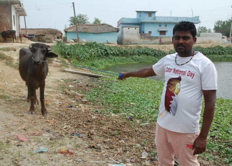 Qatarista palannut siirtotyöläinen kotikylässään Ramgopalpurissa, Nepalissa. Qatarin kisojen rakennustyömailla kuoli tuhansia nepalilaismiehiä. Nyt saman pelätään toistuvan Saudi-Arabiassa.