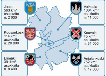 Uusi Kouvola syntyy Kouvolan, Kuusankosken ja Anjalankosken kaupunkien sekä Elimäen, Jaalan ja Valkealan kuntien yhdistymisestä.