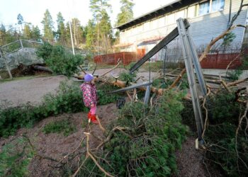 Lasten keinuteline koki myrskyssä kovia Helsingin Myllypurossa.