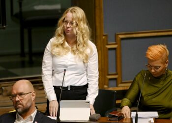 Laura Meriluoto eduskunnan täysistunnossa.