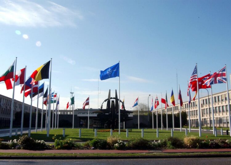 Jäsenmaiden lippuja Naton päämajan luona Brysselissä. Muodollisesti kaikki jäsenmaat ovat tasa-arvoisia, mutta käytännössä Yhdysvalloilla on johtava rooli. Näin oli myös salaisia armeijoita organisoitaessa.